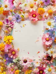 camera like capture of an overhead view of a diary page encircled by an array of spring flowers including marigolds and bachelors buttons on a pastel background