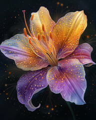 neon gradient light yellow purple and gold art of a sundrop lily on black background with stars4 delicate gossamer flower petals detailed linework clear lines bold vibrant colors3 realistic