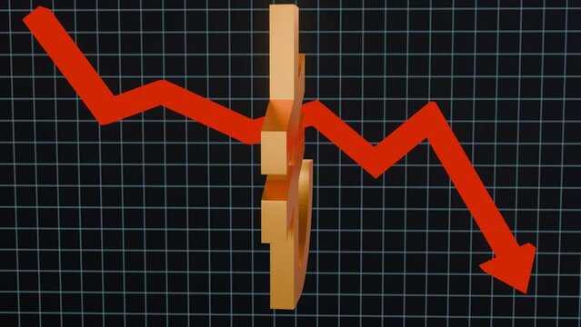 3d animation of gold lira symbol with a red arrow pointing downwards