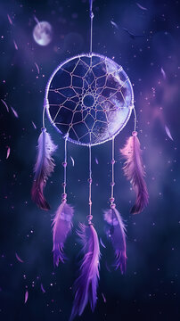 dreamy dream catcher with feathers moon glow purple and lilac hue illustration