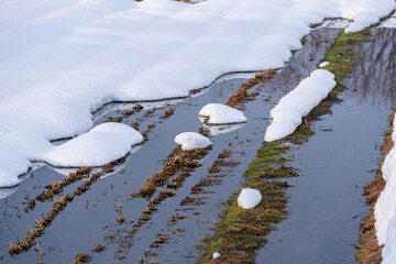 雪が解け始めた畑の風景