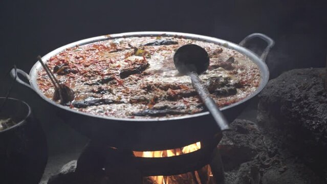Cooking Indonesia Indonesian Traditional Food Culinary in Yogyakarta Java - Dazed catfish Mangut Lele , Chicken , Intestines , Lungs in a Kitchen