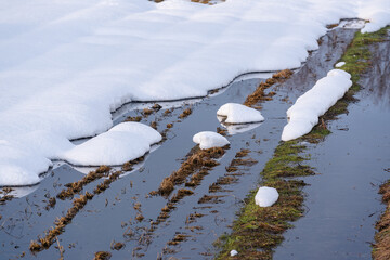 雪が解け始めた畑の風景