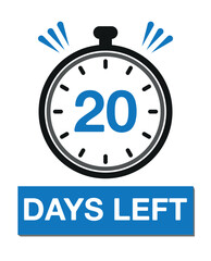 20 days left. Count timer icon. Days left vector, clock design