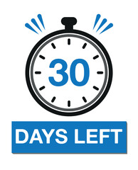 30 days left. Count timer icon. Days left vector, clock design
