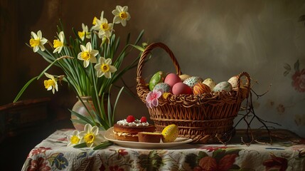 a basket made of woven vines full of colorful Easter eggs