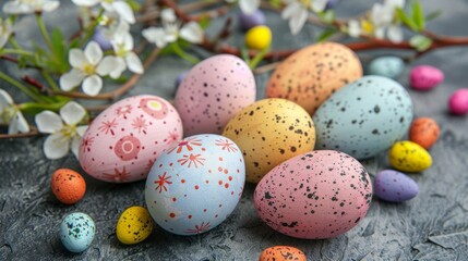 Fototapeta premium Easter themed card in light colors with colorful colored solid eggs