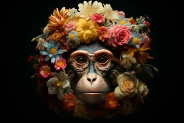 Monkey head flowers. Zoo face. Generate Ai