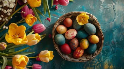 Easter eggs in basket on colored table with yellow Tulips