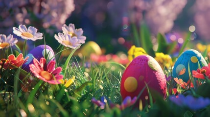 colorful easter eggs hidden in the grass