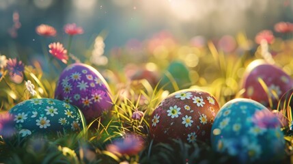 colorful easter eggs hidden in the grass