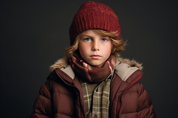 A portrait of a cute little boy in warm clothes. Winter fashion.