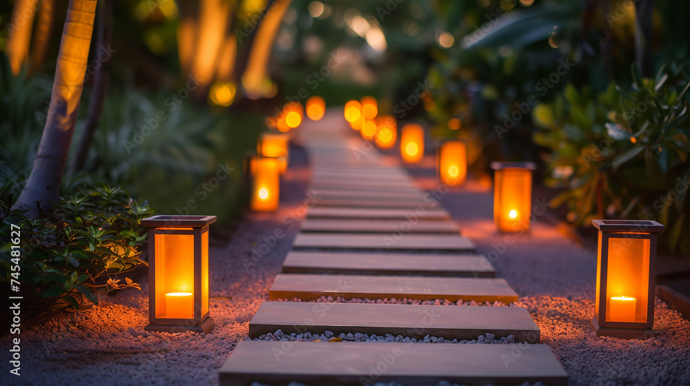 Poster illuminated garden path with lanterns at twilight, creating a romantic atmosphere suitable for backg