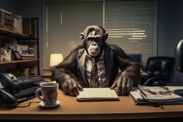 Unexpected Monkey sitting office. Urban fun. Generate Ai - obrazy, fototapety, plakaty