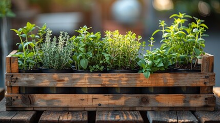 A cute herb garden in upcycled containers and wooden pallets. 