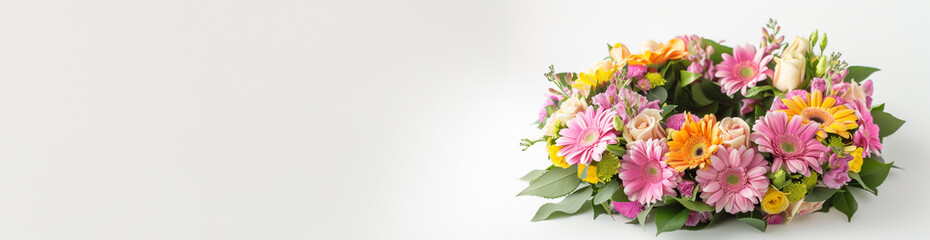 Vibrant spring flower arrangement with pink gerberas, yellow roses, and mixed blooms on a white background with ample copy space for text
