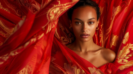Elegant African-American woman draped in luxurious red and gold fabric, ideal for beauty concepts or cultural celebrations, with space for text on the right