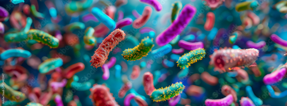 Poster vibrant 3d rendering of diverse bacteria and viruses in multiple colors on a blurred background, ill