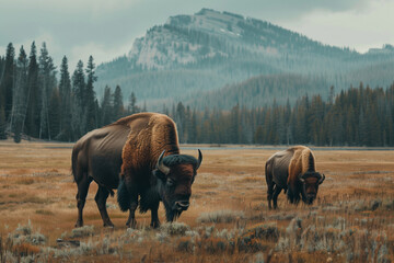 American bison grazing in a serene autumn meadow with forested mountains in the background, ideal for nature and wildlife themes with copy space