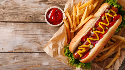 Top view of classic hot dogs with mustard and ketchup, served with fries and a side of ketchup, perfect for fast food marketing and National Hot Dog Day promotions, with copy space