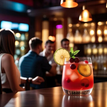 Vaso con c&oacute;ctel rojo con cerezas lim&oacute;n y guindas junto a personas en un bar.