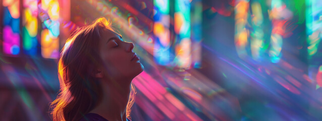 Ethereal woman in contemplation with colorful light leaks, ideal for spiritual or wellness themes with copyspace on the right
