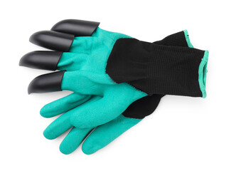 Pair of claw gardening gloves isolated on white, top view
