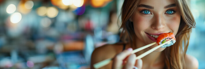 Young Caucasian woman enjoying sushi in a restaurant with colorful bokeh lights in the background, space for text on the right