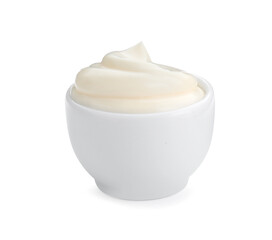 Tasty fresh mayonnaise sauce isolated on white