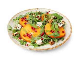 Tasty salad with persimmon, blue cheese, pomegranate and walnuts isolated on white