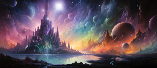 Afantasticalcosmiclandscapewitharadiantcelestialcityandmultipleplanets.