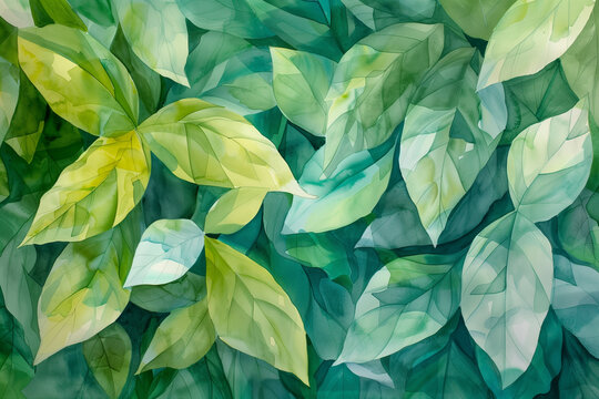 Vibrant abstract watercolor background of overlapping green leaves, ideal for environmentally themed designs and space for text