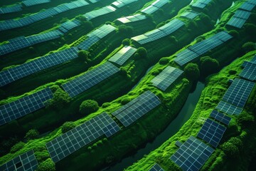 Obraz premium A green field with rows of solar panels viewed from above. 