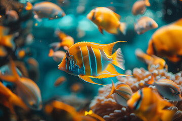 Vibrant yellow and blue striped butterflyfish swimming in a coral reef, ideal for marine life backgrounds with space for text on the right - obrazy, fototapety, plakaty