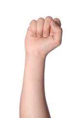 Man showing fist on white background, closeup