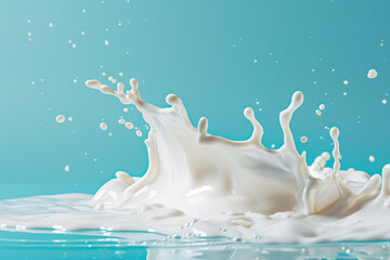 Obraz na płótnie Canvas Dynamic milk splash on a serene blue background with copy space, ideal for dairy product advertising and culinary designs
