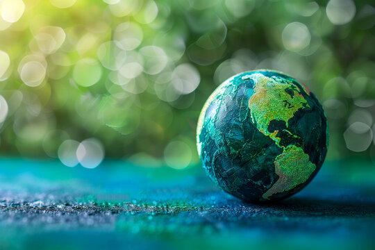 Globally conscious conceptual image with a painted world globe against a bokeh green background, suggesting Earth Day or environmental conservation themes with copy space