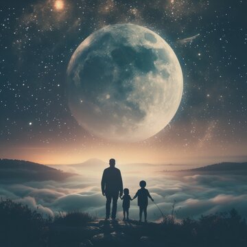 The Harmony Of Family Love Between Father, Mother And Child Holding Hands Can Be Seen From Behind Against The Backdrop Of The Moon, Galaxy And Outer Space. Concept For Family Day. Generative Ai