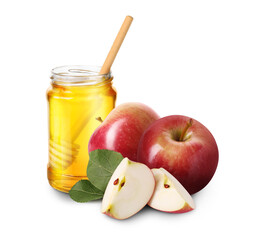 Honey in glass jar and apples isolated on white