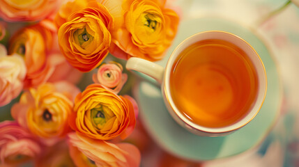 A cup of tea amidst a vibrant bouquet of ranunculus flowers with soft, pastel tones, ideal for Mother's Day promotions or spring-themed backgrounds with copy space