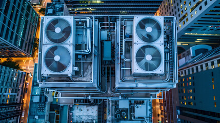 Aerial view of industrial HVAC units on building rooftop at twilight with illuminated cityscape backdrop, suitable for technology and urban infrastructure concepts