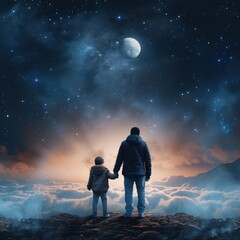 The harmony of family love between father, mother and child holding hands can be seen from behind against the backdrop of the moon, galaxy and outer space. concept for family day. Generative Ai