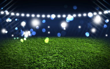 Green sports field under stadium lights, bokeh effect. Banner design