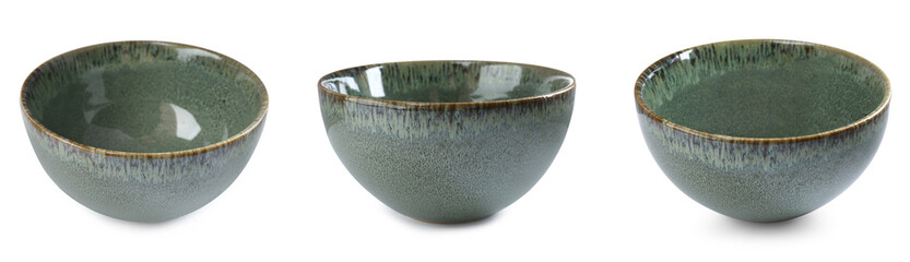 Green ceramic bowl isolated on white, set