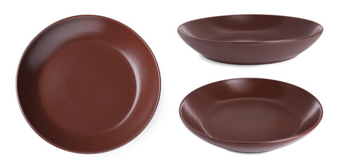Brown ceramic plate isolated on white, set with different views