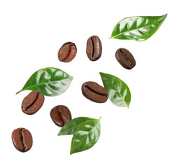 Roasted coffee beans and green leaves in air on white background