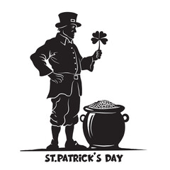 Hand Drawn Silhouette of Leprechaun with Pot of Gold.