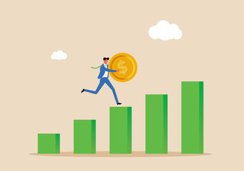Investment profit and earning, stock market growth concept, businessman investor, fund manager holding a coin running up rising graph.
