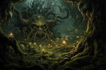 Fototapeta na wymiar Gigantic Fantasy forest monster. Adventure fight. Generate Ai