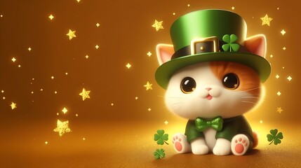 Fototapeta premium 3d cute cat with hat St. Patrick's Day on golden background